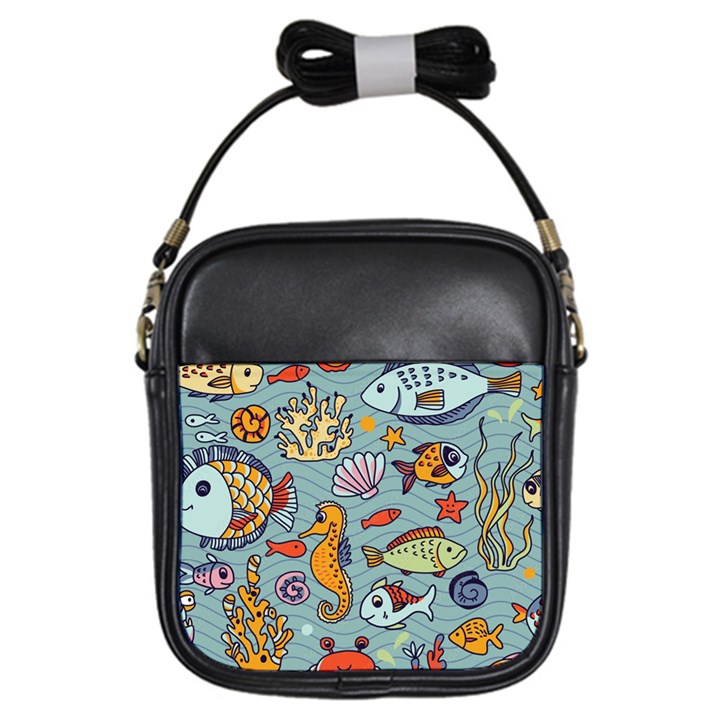 Cartoon Underwater Seamless Pattern With Crab Fish Seahorse Coral Marine Elements Girls Sling Bag