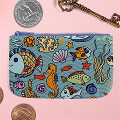 Cartoon Underwater Seamless Pattern With Crab Fish Seahorse Coral Marine Elements Large Coin Purse by uniart180623