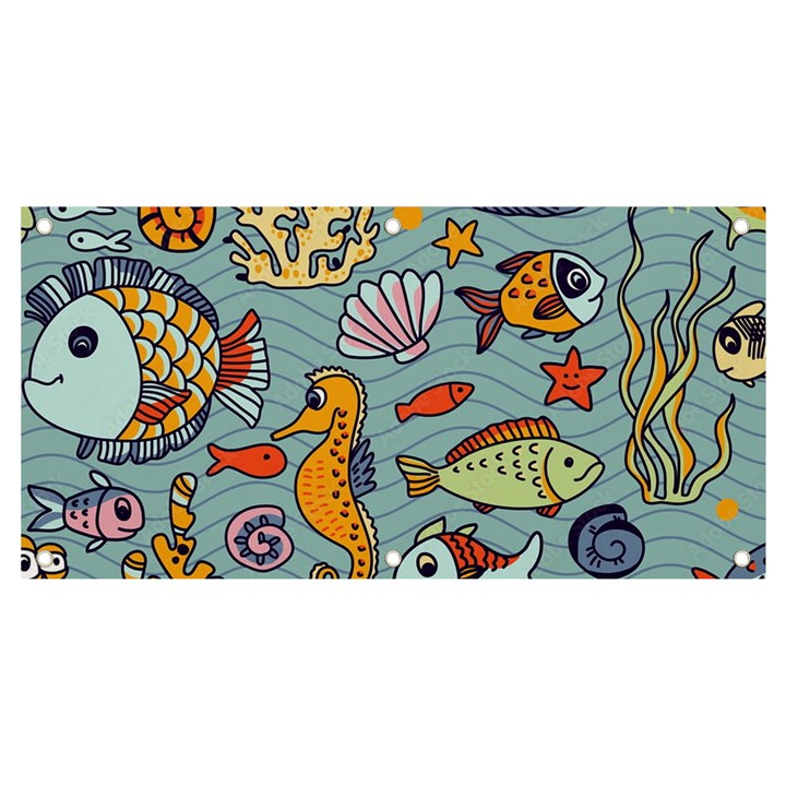 Cartoon Underwater Seamless Pattern With Crab Fish Seahorse Coral Marine Elements Banner and Sign 4  x 2 