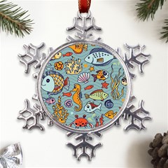 Cartoon Underwater Seamless Pattern With Crab Fish Seahorse Coral Marine Elements Metal Large Snowflake Ornament