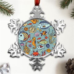 Cartoon Underwater Seamless Pattern With Crab Fish Seahorse Coral Marine Elements Metal Small Snowflake Ornament