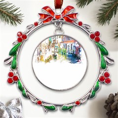 Venice T- Shirt Venice Voyage Art Digital Painting Watercolor Discovery T- Shirt (1) Metal X mas Wreath Ribbon Ornament by ZUXUMI