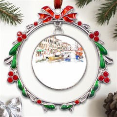 Venice T- Shirt Venice Voyage Art Digital Painting Watercolor Discovery T- Shirt (3) Metal X mas Wreath Ribbon Ornament by ZUXUMI