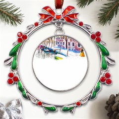 Venice T- Shirt Venice Voyage Art Digital Painting Watercolor Discovery T- Shirt (4) Metal X mas Wreath Ribbon Ornament by ZUXUMI