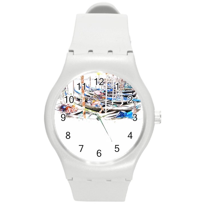 Venice T- Shirt Venice Voyage Art Digital Painting Watercolor Discovery T- Shirt (5) Round Plastic Sport Watch (M)