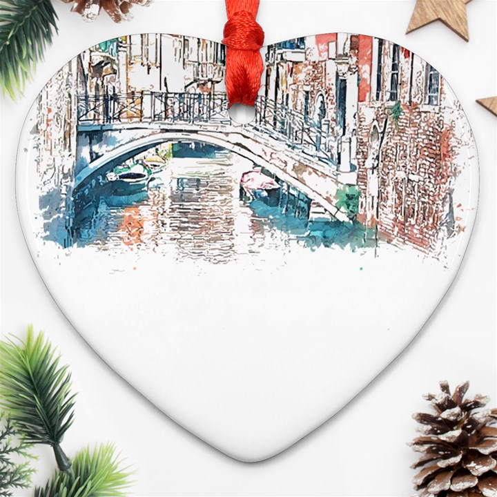 Venice T- Shirt Venice Voyage Art Digital Painting Watercolor Discovery T- Shirt Heart Ornament (Two Sides)