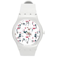 Veterinarian Gift T- Shirt Veterinary Medicine, Happy And Healthy Friends    Pattern    Coral Backgr Round Plastic Sport Watch (m) by ZUXUMI