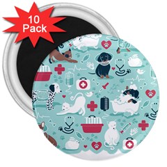 Veterinarian Medicine T- Shirt Veterinary Medicine, Happy And Healthy Friends    Aqua Background Red 3  Magnets (10 Pack)  by ZUXUMI