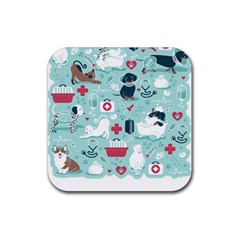 Veterinarian Medicine T- Shirt Veterinary Medicine, Happy And Healthy Friends    Aqua Background Red Rubber Coaster (square) by ZUXUMI