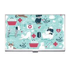 Veterinarian Medicine T- Shirt Veterinary Medicine, Happy And Healthy Friends    Aqua Background Red Business Card Holder by ZUXUMI