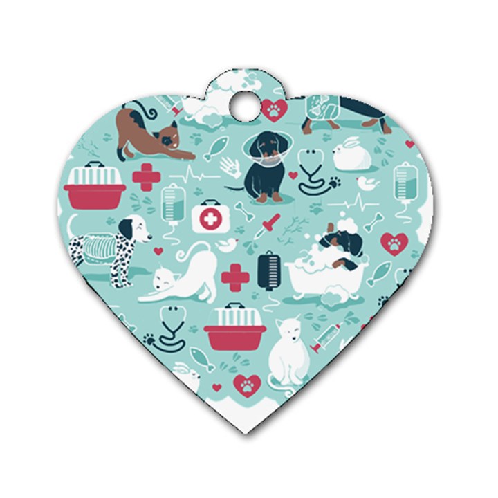 Veterinarian Medicine T- Shirt Veterinary Medicine, Happy And Healthy Friends    Aqua Background Red Dog Tag Heart (One Side)