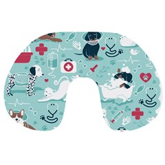 Veterinarian Medicine T- Shirt Veterinary Medicine, Happy And Healthy Friends    Aqua Background Red Travel Neck Pillow by ZUXUMI