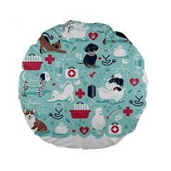 Veterinarian Medicine T- Shirt Veterinary Medicine, Happy And Healthy Friends    Aqua Background Red Standard 15  Premium Flano Round Cushions by ZUXUMI