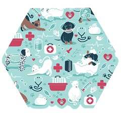 Veterinarian Medicine T- Shirt Veterinary Medicine, Happy And Healthy Friends    Aqua Background Red Wooden Puzzle Hexagon by ZUXUMI