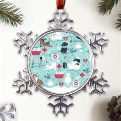 Veterinarian Medicine T- Shirt Veterinary Medicine, Happy And Healthy Friends    Aqua Background Red Metal Large Snowflake Ornament by ZUXUMI