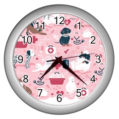 Veterinarian Medicine T- Shirt Veterinary Medicine, Happy And Healthy Friends    Pastel Pink Backgro Wall Clock (silver) by ZUXUMI