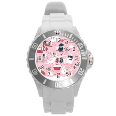 Veterinarian Medicine T- Shirt Veterinary Medicine, Happy And Healthy Friends    Pastel Pink Backgro Round Plastic Sport Watch (l) by ZUXUMI