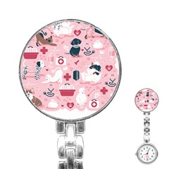 Veterinarian Medicine T- Shirt Veterinary Medicine, Happy And Healthy Friends    Pastel Pink Backgro Stainless Steel Nurses Watch by ZUXUMI