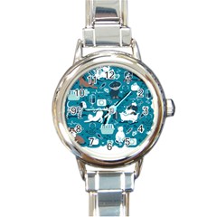 Veterinarian Medicine T- Shirt Veterinary Medicine, Happy And Healthy Friends    Turquoise Backgroun Round Italian Charm Watch by ZUXUMI