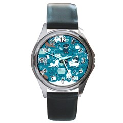 Veterinarian Medicine T- Shirt Veterinary Medicine, Happy And Healthy Friends    Turquoise Backgroun Round Metal Watch by ZUXUMI