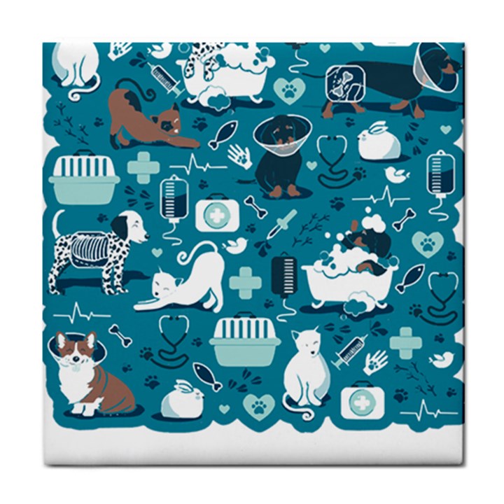 Veterinarian Medicine T- Shirt Veterinary Medicine, Happy And Healthy Friends    Turquoise Backgroun Tile Coaster