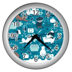 Veterinarian Medicine T- Shirt Veterinary Medicine, Happy And Healthy Friends    Turquoise Backgroun Wall Clock (silver) by ZUXUMI