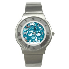 Veterinarian Medicine T- Shirt Veterinary Medicine, Happy And Healthy Friends    Turquoise Backgroun Stainless Steel Watch by ZUXUMI