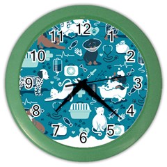 Veterinarian Medicine T- Shirt Veterinary Medicine, Happy And Healthy Friends    Turquoise Backgroun Color Wall Clock by ZUXUMI