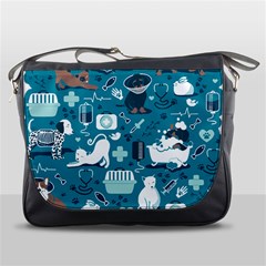 Veterinarian Medicine T- Shirt Veterinary Medicine, Happy And Healthy Friends    Turquoise Backgroun Messenger Bag by ZUXUMI