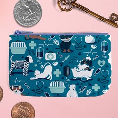 Veterinarian Medicine T- Shirt Veterinary Medicine, Happy And Healthy Friends    Turquoise Backgroun Large Coin Purse by ZUXUMI