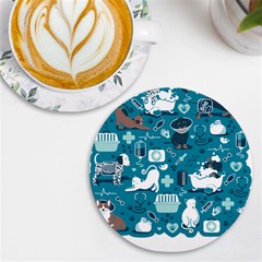 Veterinarian Medicine T- Shirt Veterinary Medicine, Happy And Healthy Friends    Turquoise Backgroun Uv Print Round Tile Coaster by ZUXUMI