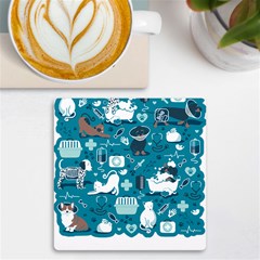 Veterinarian Medicine T- Shirt Veterinary Medicine, Happy And Healthy Friends    Turquoise Backgroun Uv Print Square Tile Coaster  by ZUXUMI