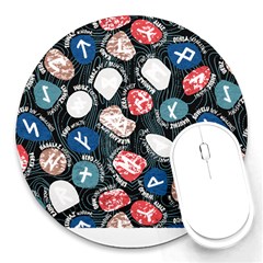 Viking Runes T- Shirt Mystical Viking Runes    Pattern    Black Background Blue Red Brown And Teal S Round Mousepad by ZUXUMI