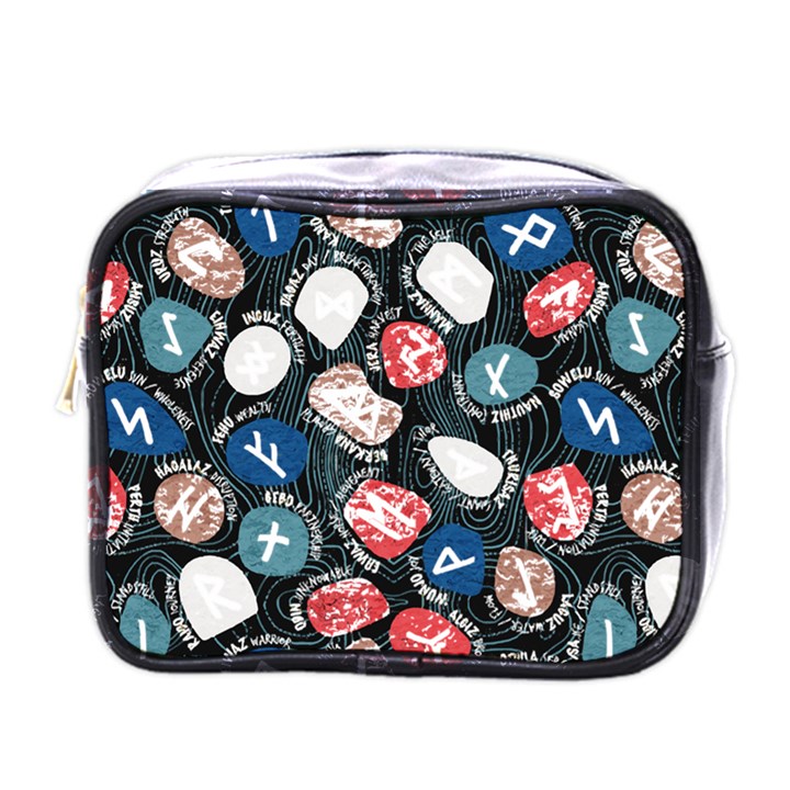 Viking Runes T- Shirt Mystical Viking Runes    Pattern    Black Background Blue Red Brown And Teal S Mini Toiletries Bag (One Side)