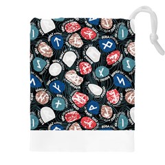 Viking Runes T- Shirt Mystical Viking Runes    Pattern    Black Background Blue Red Brown And Teal S Drawstring Pouch (4xl) by ZUXUMI