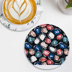 Viking Runes T- Shirt Mystical Viking Runes    Pattern    Black Background Blue Red Brown And Teal S Uv Print Round Tile Coaster by ZUXUMI