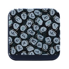 Viking Runes T- Shirt Mystical Viking Runes    Pattern    Black Background Grey Stones Neon Mint Let Square Metal Box (black) by ZUXUMI