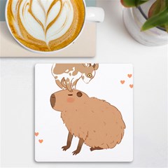 Capybara T- Shirt Cute Capybara With A Baby Goat On Its Head T- Shirt Yoga Reflexion Pose T- Shirtyoga Reflexion Pose T- Shirt Uv Print Square Tile Coaster  by hizuto