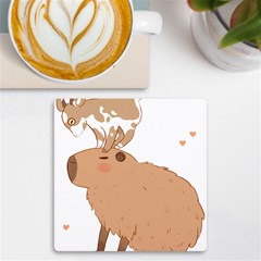 Capybara T- Shirt Cute Capybara With A Little Goat Friend On Its Head T- Shirt Yoga Reflexion Pose T- Shirtyoga Reflexion Pose T- Shirt Uv Print Square Tile Coaster  by hizuto