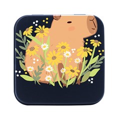 Capybara T- Shirt Cute Capybara With Daisy Flowers T- Shirt Yoga Reflexion Pose T- Shirtyoga Reflexion Pose T- Shirt Square Metal Box (black)