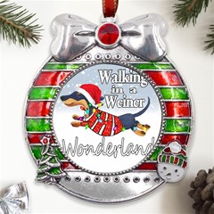 Weiner T- Shirt Walking In A Weiner Wonderland T- Shirt (1) Metal X mas Ribbon With Red Crystal Round Ornament