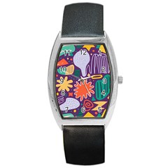 Colorful Shapes On A Purple Background Barrel Style Metal Watch by LalyLauraFLM