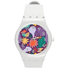 Colorful Shapes On A Purple Background Round Plastic Sport Watch (m) by LalyLauraFLM