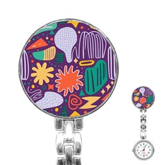 Colorful Shapes On A Purple Background Stainless Steel Nurses Watch by LalyLauraFLM