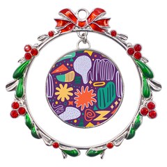 Colorful Shapes On A Purple Background Metal X mas Wreath Ribbon Ornament by LalyLauraFLM