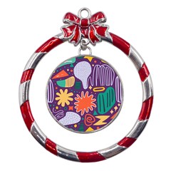 Colorful Shapes On A Purple Background Metal Red Ribbon Round Ornament by LalyLauraFLM