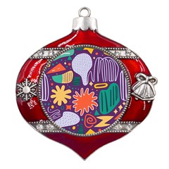 Colorful Shapes On A Purple Background Metal Snowflake And Bell Red Ornament