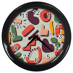 Shapes In Retro Colors On A Green Background Wall Clock (black) by LalyLauraFLM