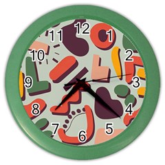 Shapes In Retro Colors On A Green Background Color Wall Clock by LalyLauraFLM