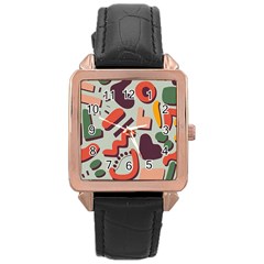 Shapes In Retro Colors On A Green Background Rose Gold Leather Watch  by LalyLauraFLM